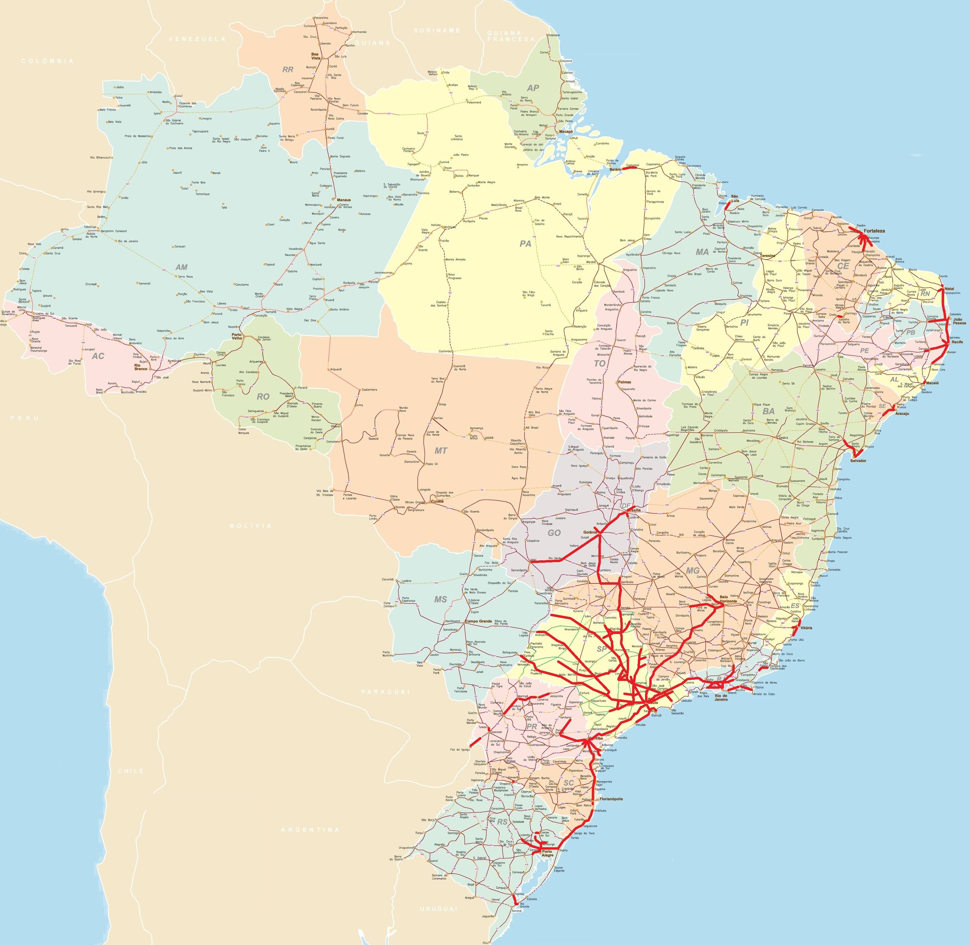 Carte des axes routiers du Brésil Carte des axes routiers du Brésil