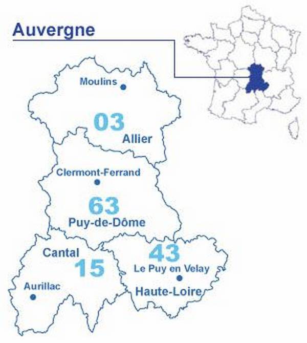 Carte des départements de l'Auvergne Carte des départements de l'Auvergne