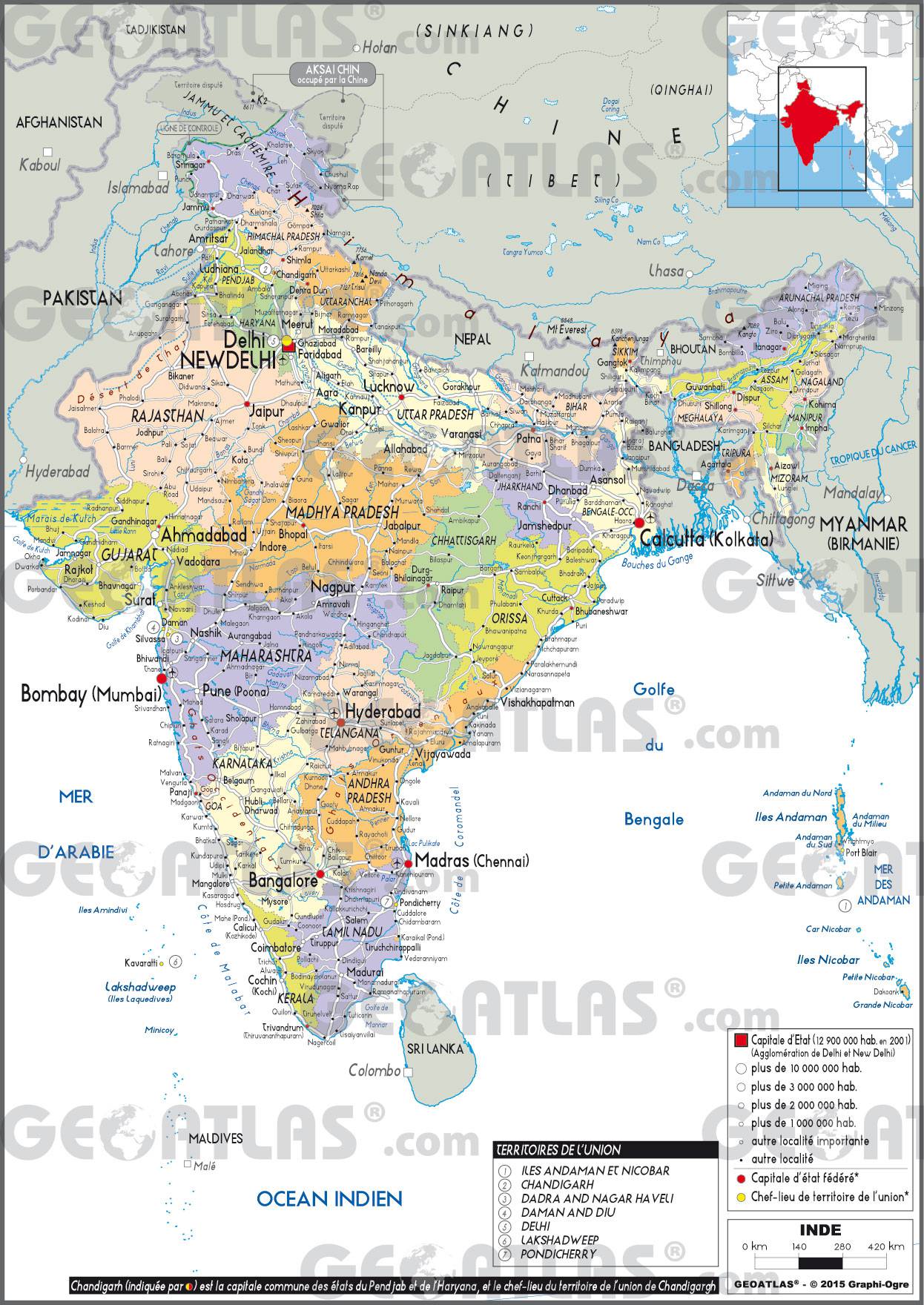 Carte détaillée de l'Inde Carte détaillée de l'Inde