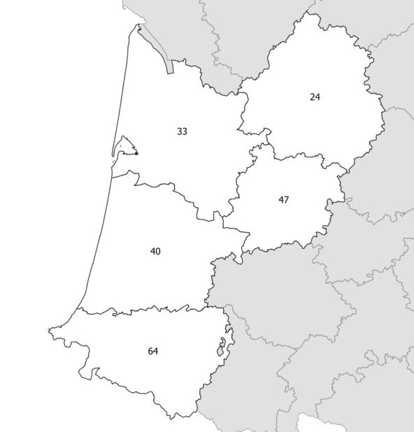 Carte des numéros des départements de l'Aquitaine