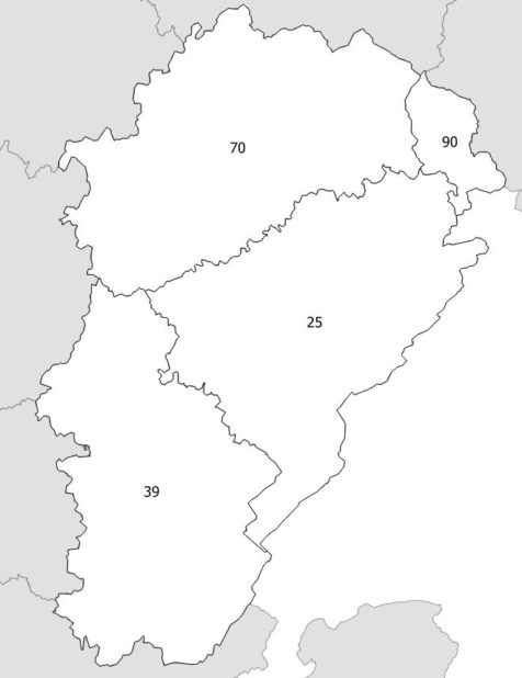 Carte des numéros des départements de la Franche-Comté