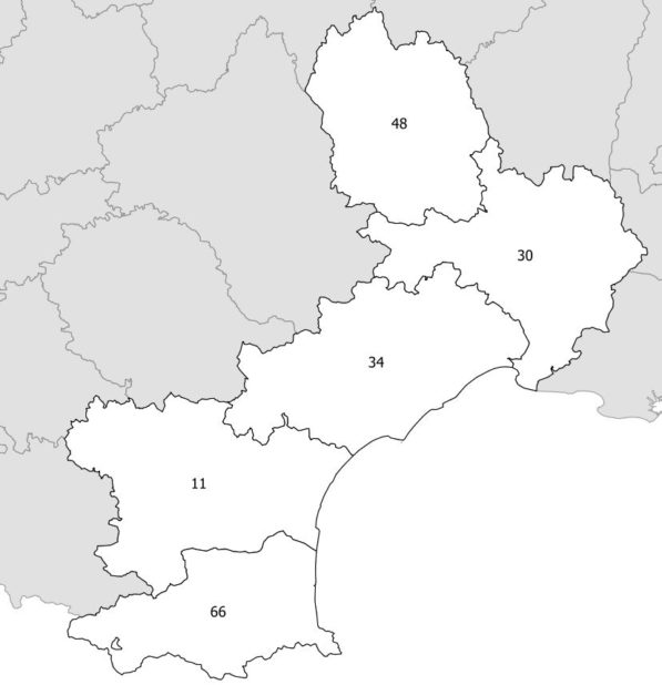 Carte des numéros de départements du Languedoc-Roussillon