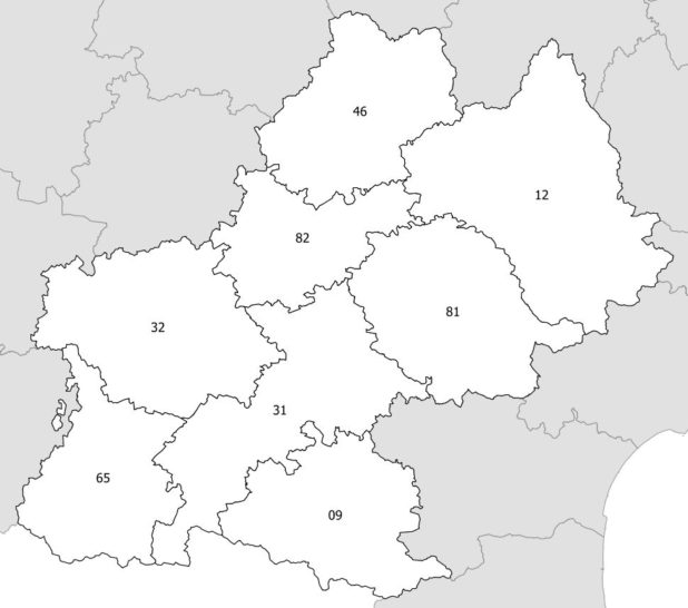 Carte des numéros des départements Midi-Pyrénées