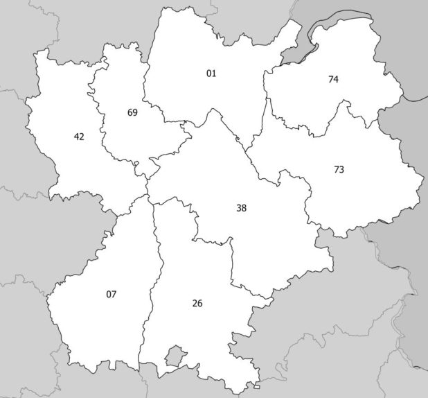 Carte des numéros des départements de Rhône-Alpes