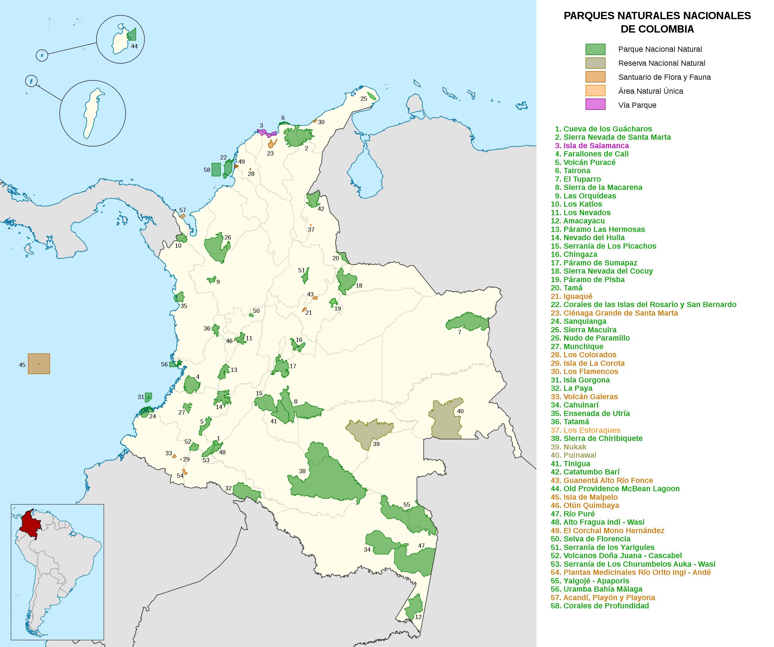 Carte des parcs naturels Colombie Carte des parcs naturels Colombie
