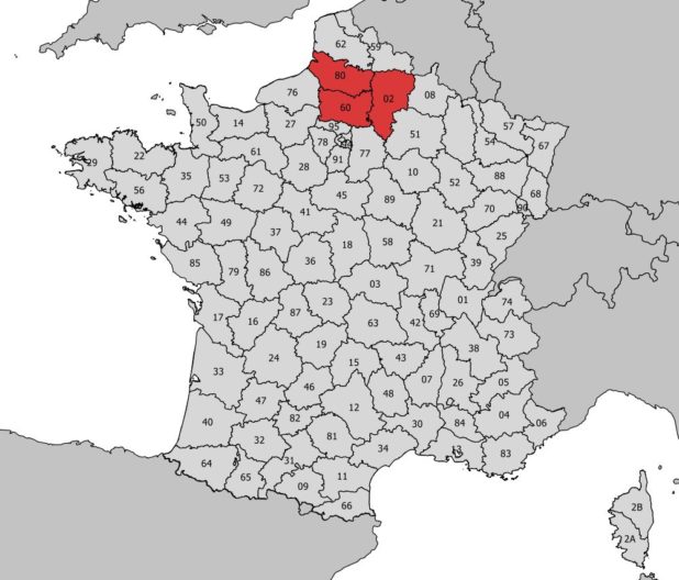 Carte de la région Picardie avec numéro des départements