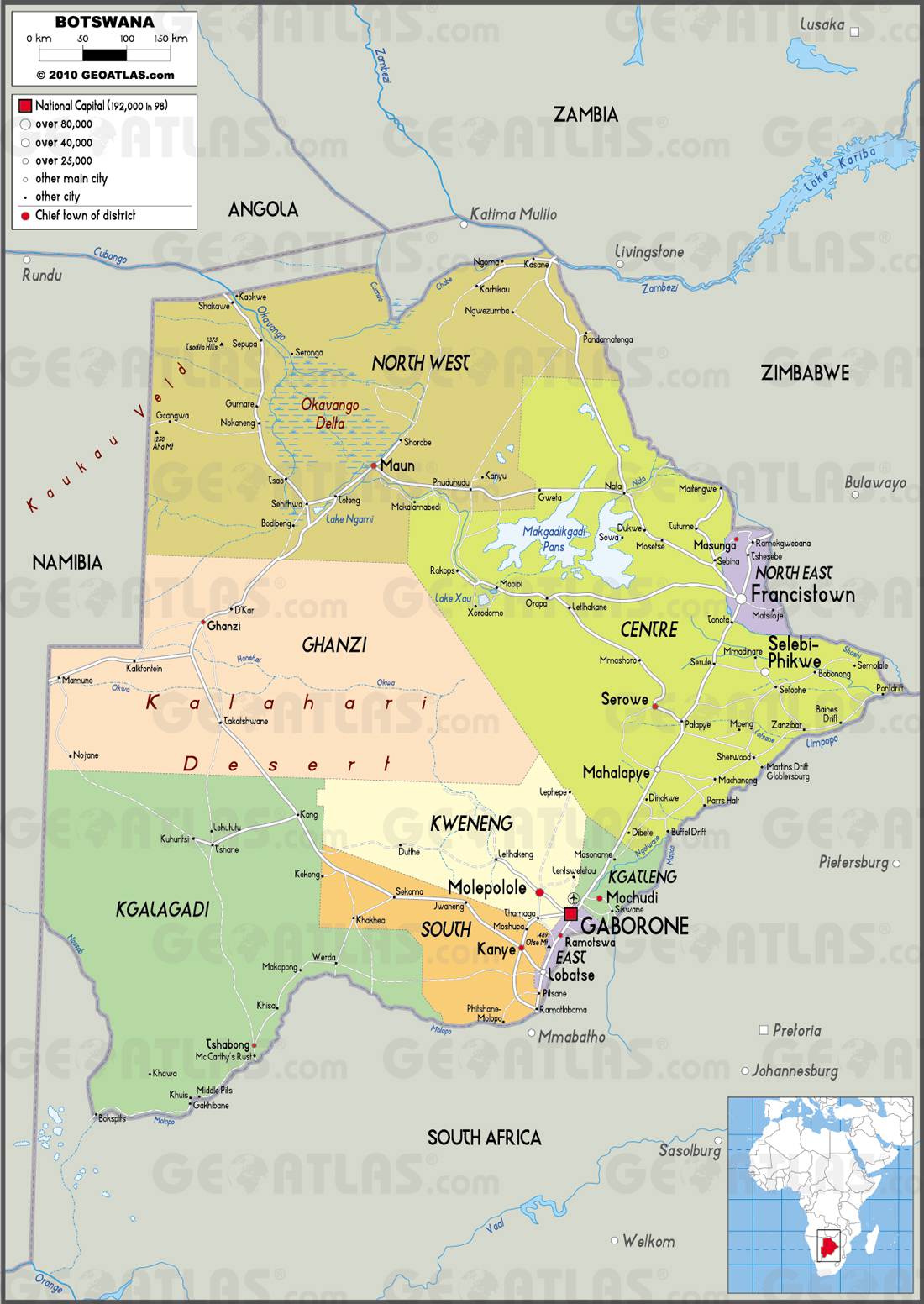 Carte des régions du Bostwana Carte des régions du Bostwana