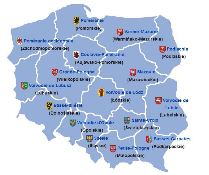 Carte des régions en Pologne Carte des régions en Pologne