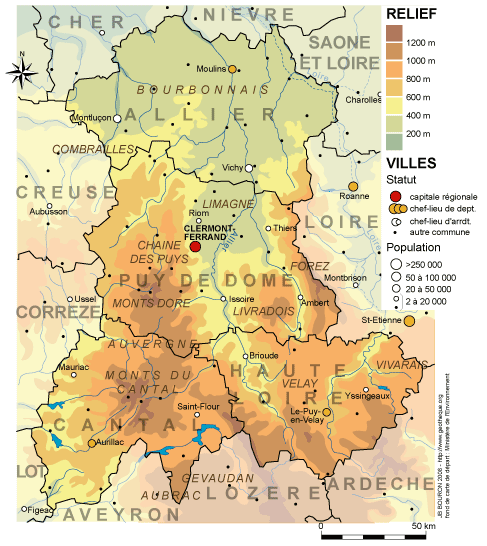 Carte du relief de l'Auvergne Carte du relief de l'Auvergne