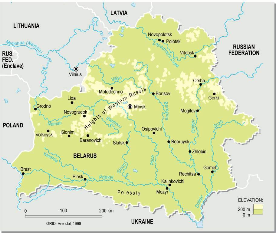 Carte du relief de la Biélorussie Carte du relief de la Biélorussie