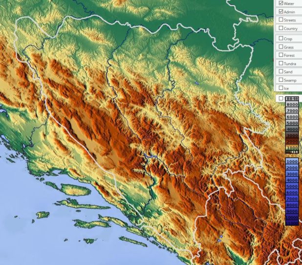 Carte du relief de la Bosnie-Herzégovine