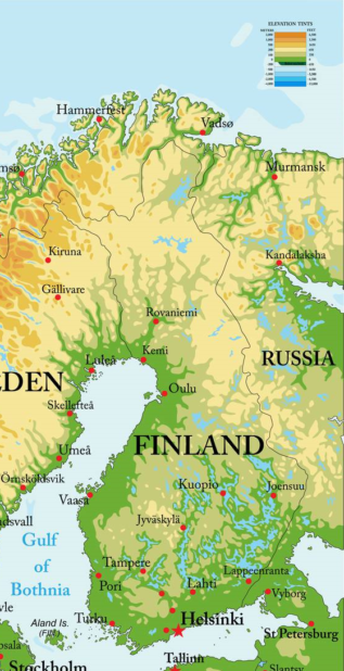 Carte du relief de la Finlande