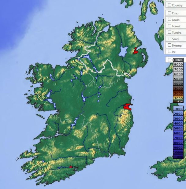 Carte du relief de l'Irlande