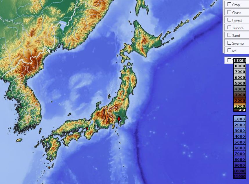 carte du japon relief