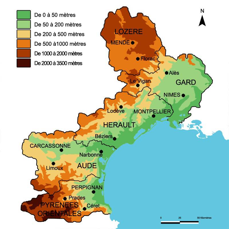 Carte du relief du Languedoc-Roussillon Carte du relief du Languedoc-Roussillon
