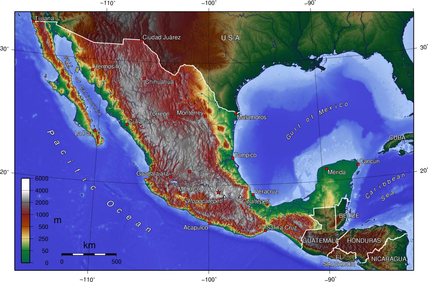 Carte du relief du Mexique Carte du relief du Mexique