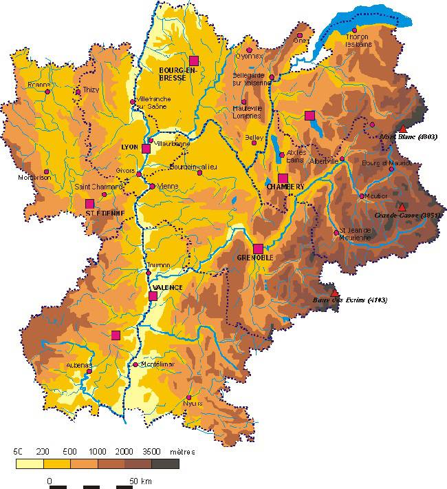 Carte du relief de Rhône-Alpes Carte du relief de Rhône-Alpes