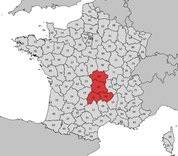 Région Auvergne avec départements et numéro