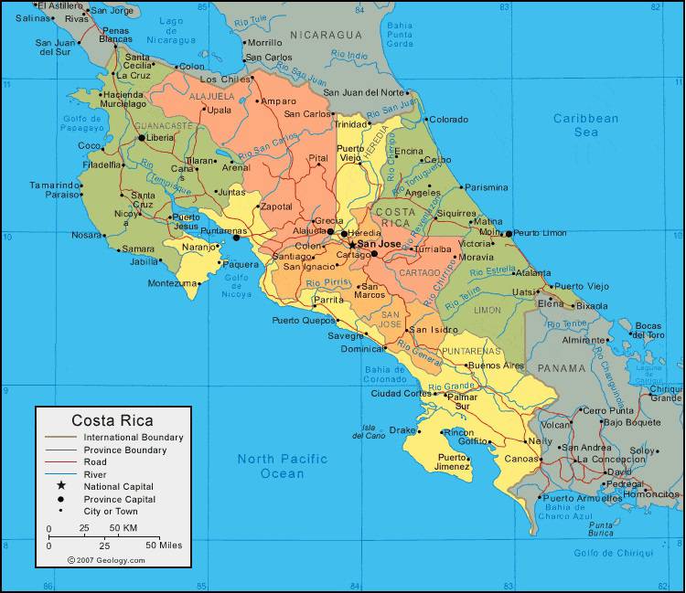 Carte administrative du Costa Rica