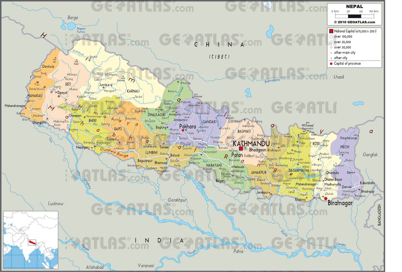 Carte des régions du Népal - Crédit : Geoatlas Carte des régions du Népal