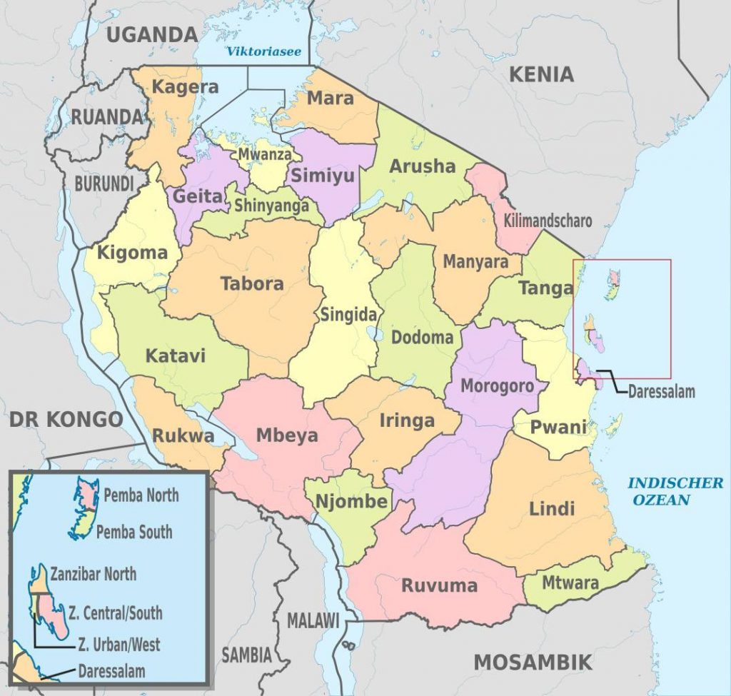 Carte des régions de la Tanzanie Carte des régions de la Tanzanie