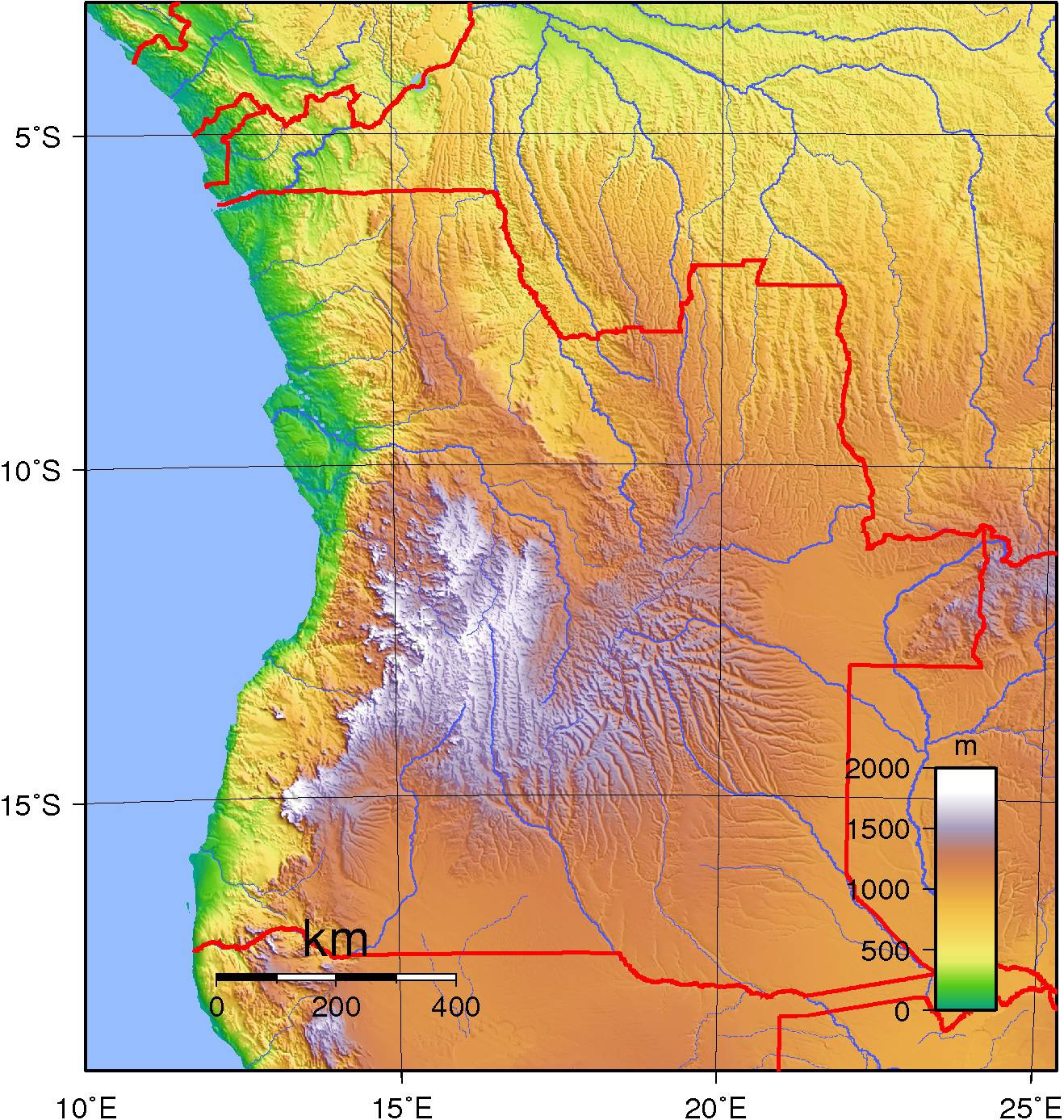 Carte du relief de l'Angola Carte du relief de l'Angola