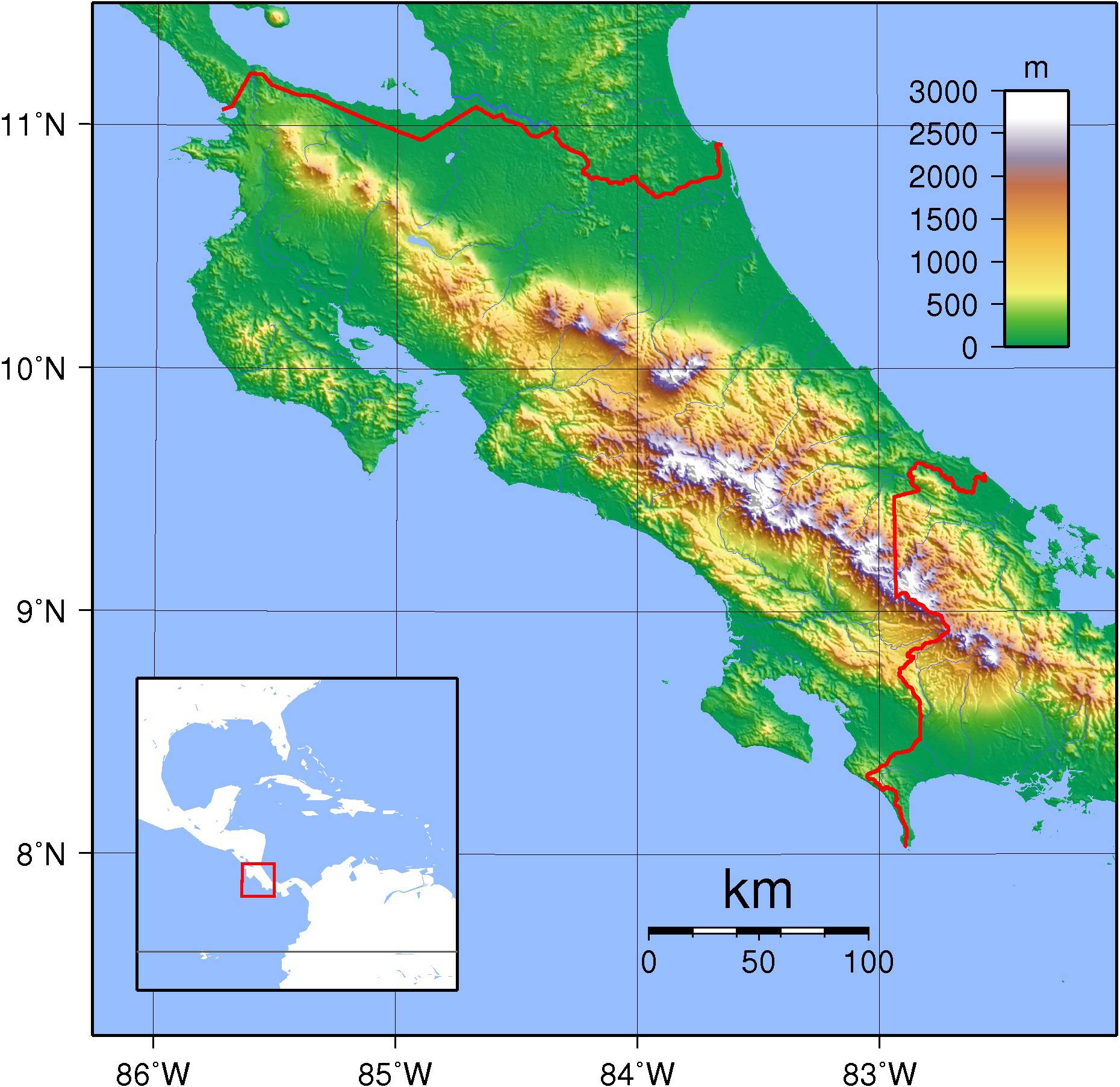 Carte du relief du Costa Rica Carte du relief du Costa Rica