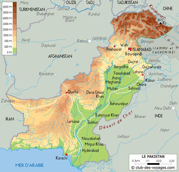 Carte du relief du Pakistan Carte du relief du Pakistan
