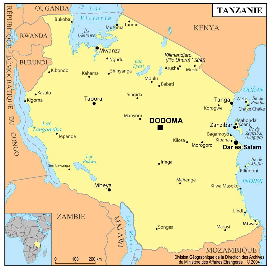 Carte des villes de la Tanzanie