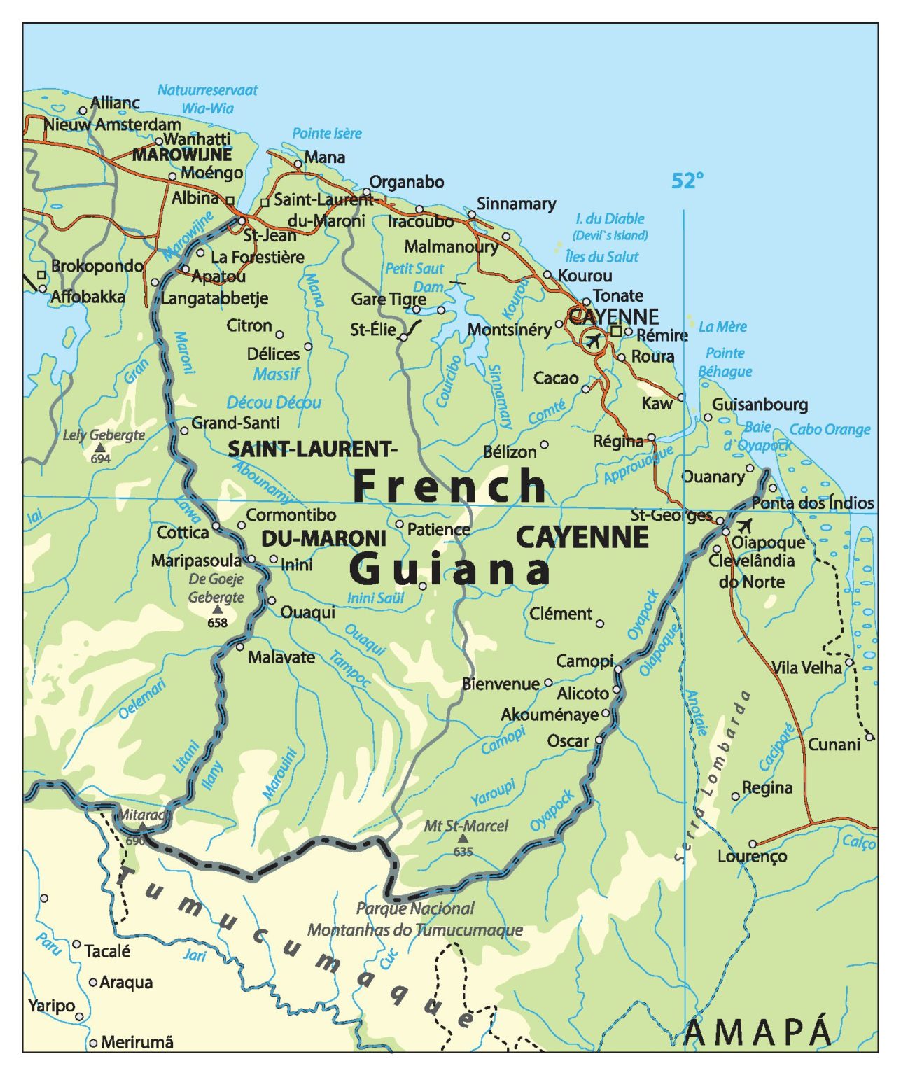 Carte de la Guyane Guyane cartes des villes, relief, politique...