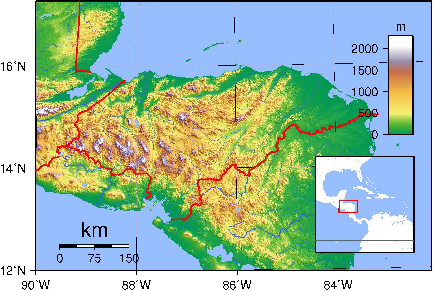 Carte du relief du Honduras Carte du relief du Honduras
