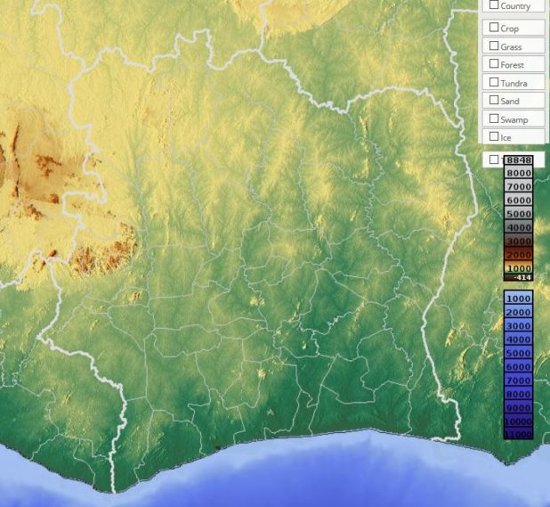 Carte du relief de la Côte d'Ivoire