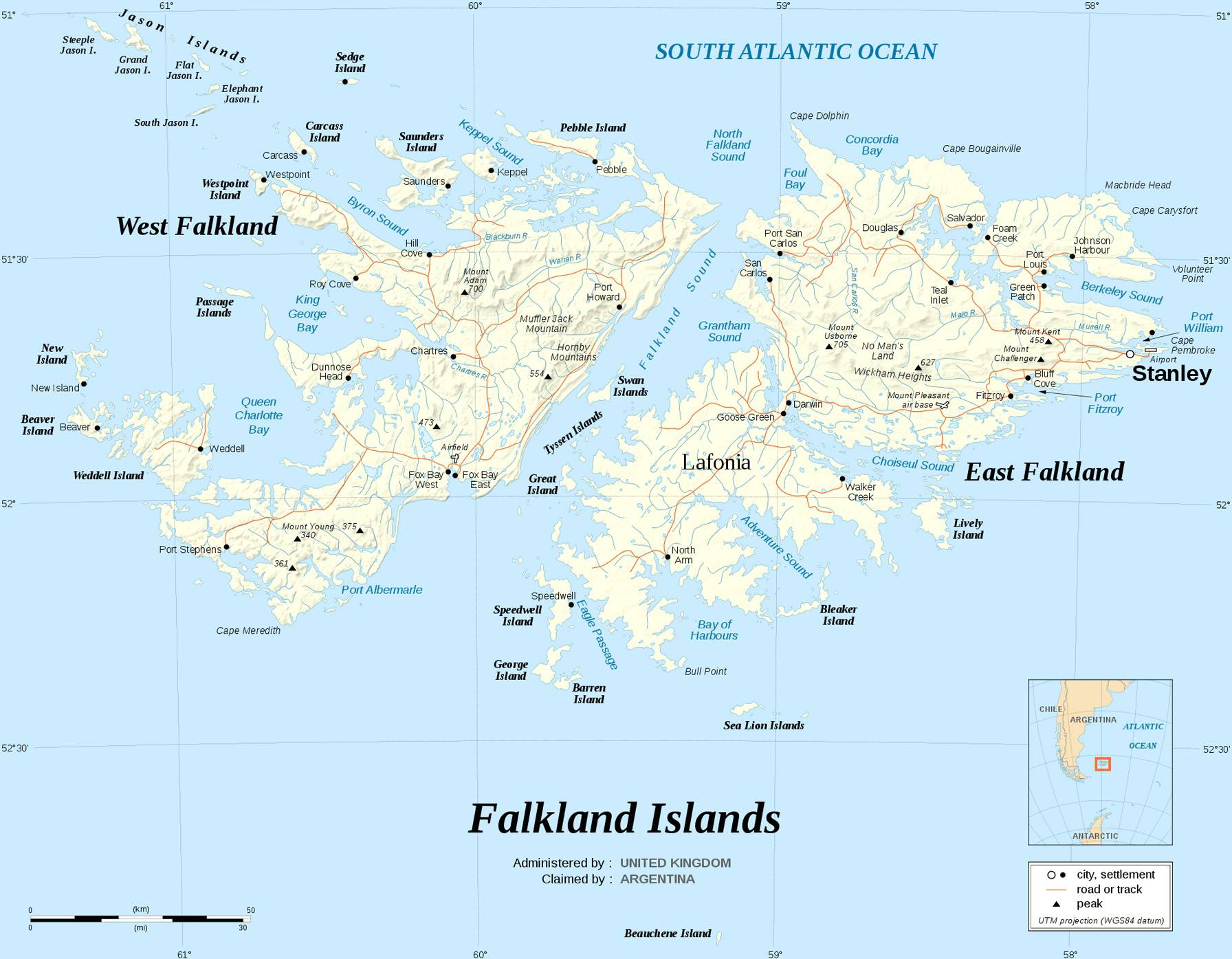 Carte routière des Malouines Carte routière des Malouines