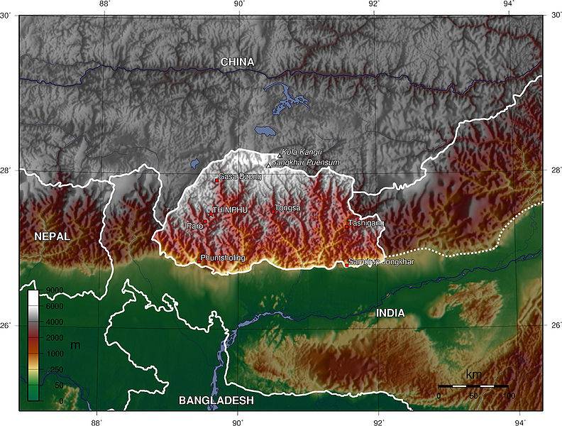 Carte du relief du Bhoutan Carte du relief du Bhoutan
