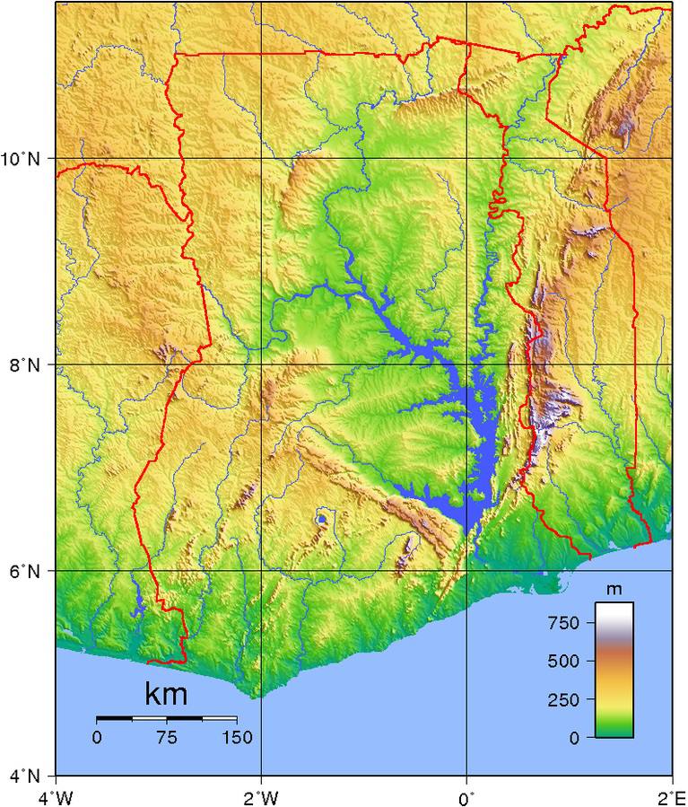 Carte du relief du Ghana Carte du relief du Ghana