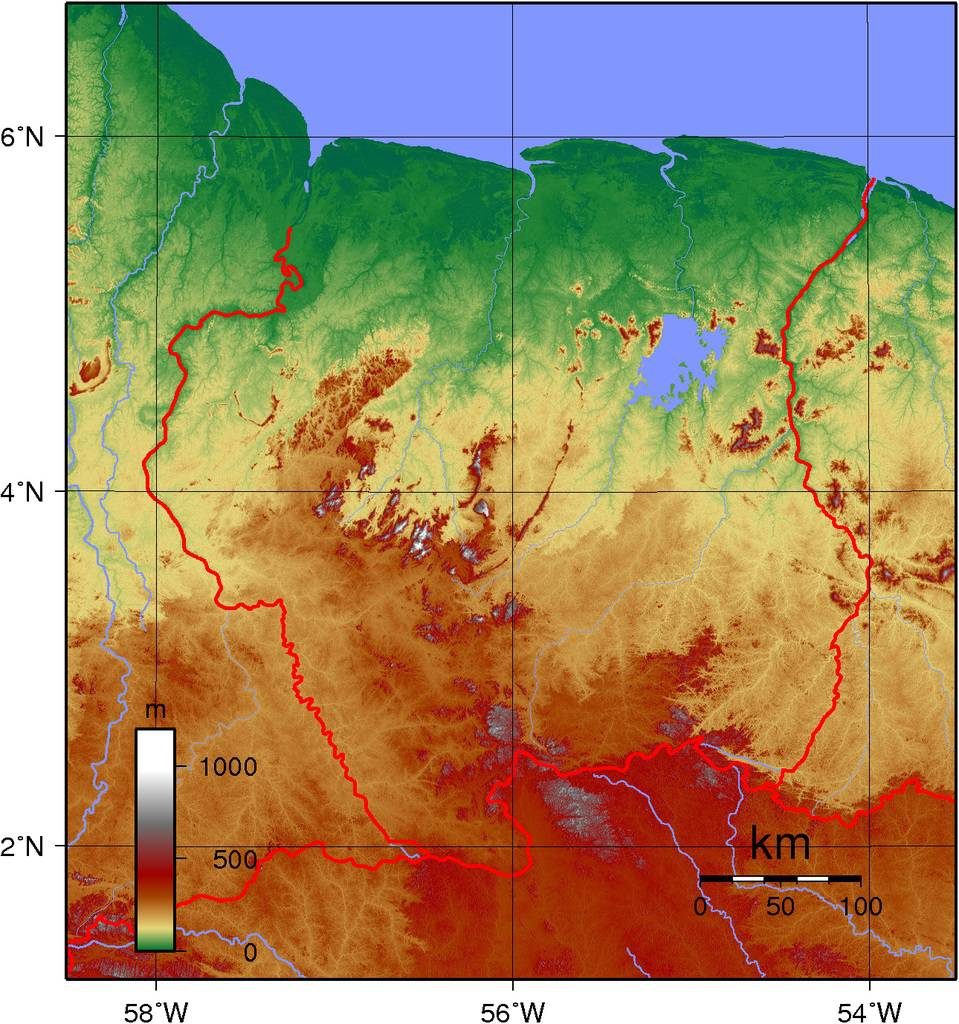 Carte du relief du Surinam Carte du relief du Surinam
