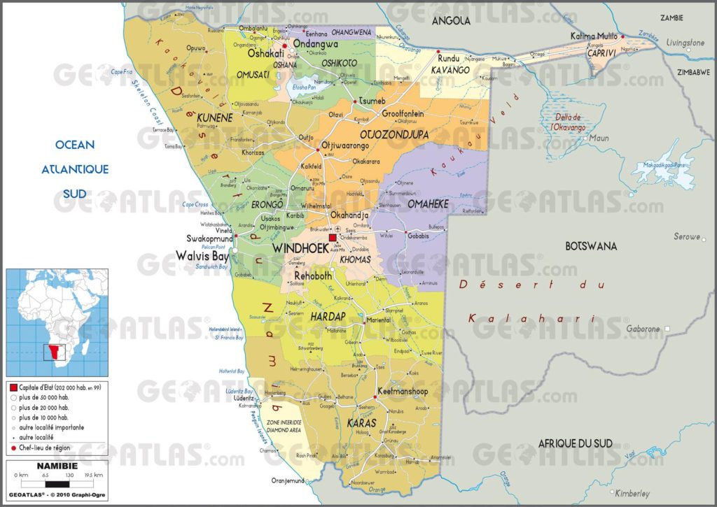 Carte administrative de la Namibie Carte administrative de la Namibie