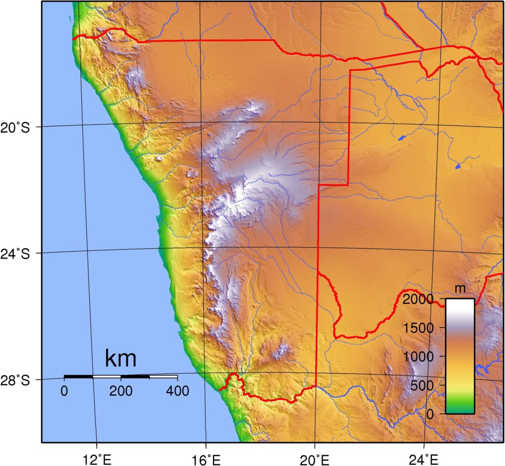 Carte du relief de la Namibie Carte du relief de la Namibie