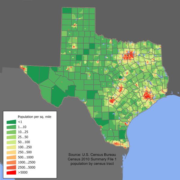Carte de la population au Texas Carte de la population au Texas