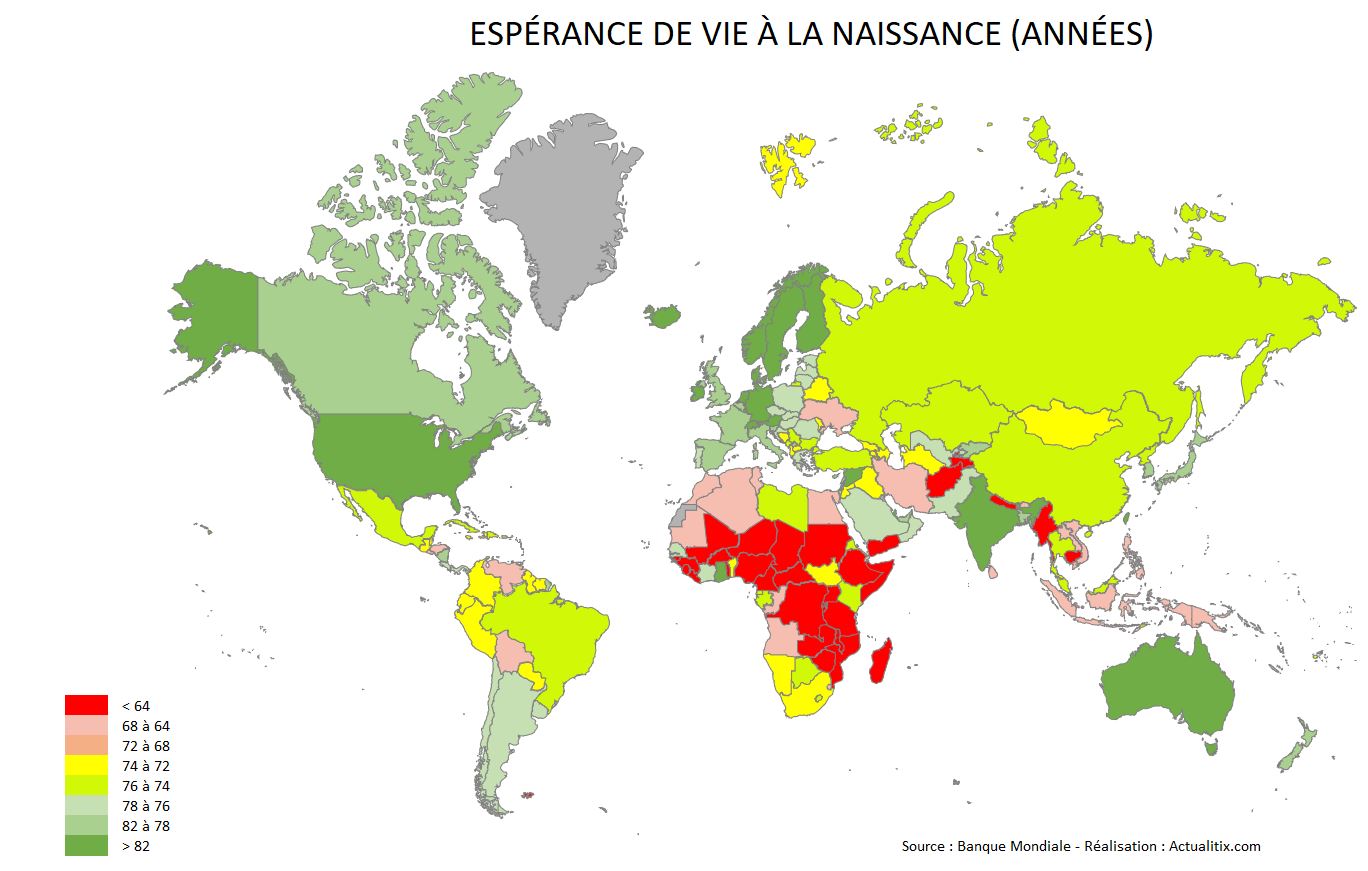 Carte du monde de l'espérance de vie à la naissance